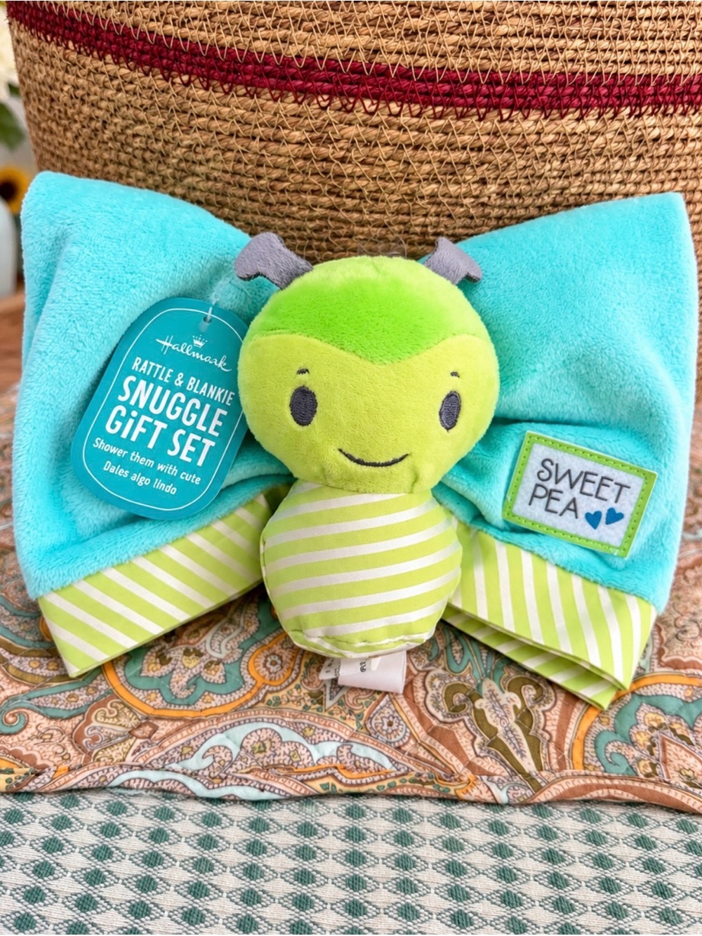 New Vintage Hallmark Sweet Pea Baby Rattle &Blankie Snuggle Gift Set Plush Love
